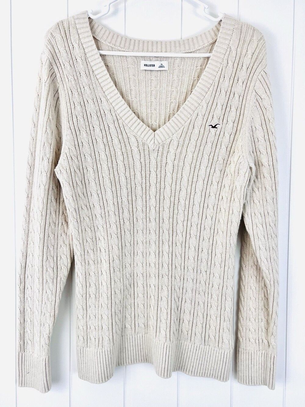 Vintage Hollister Cream Cable Knit Icon V-Neck Sweater Y2K 90s Preppy Womens XL